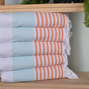 Beach Towel, Turkish Bath Towel, Striped Terry Towel, Handmade Gift, 36&quot;x67&quot; Mint-Orange Cotton Towel, Family Gift,
