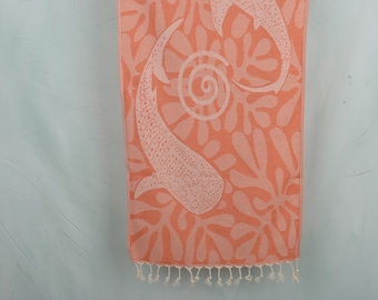 Turkish Towel Hand Towel, 18"x40" Orange Cotton Dish Towel, Whale Design Tea Towel, Monogrammed Hand Towel, Personalized Hand Towel,