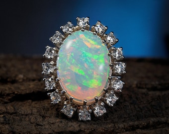 Anillo de ópalo blanco ovalado y topacio blanco de plata esterlina AAA+vintage, anillo de ópalo de plata de 8 x 10 mm + anillo de ópalo raro + anillo de promesa de ópalo blanco de plata esterlina 925.