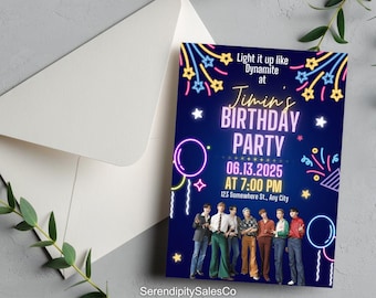 Invito di compleanno ispirato ai BTS / Invito per festa Kpop / Modello Canva modificabile / Download digitale istantaneo