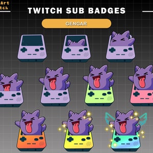 May include: A set of Twitch sub badges featuring a purple Gengar Pokemon character in a variety of poses inside a Game Boy style device. The badges are in different colors, including purple, green, pink, orange, yellow, and blue.