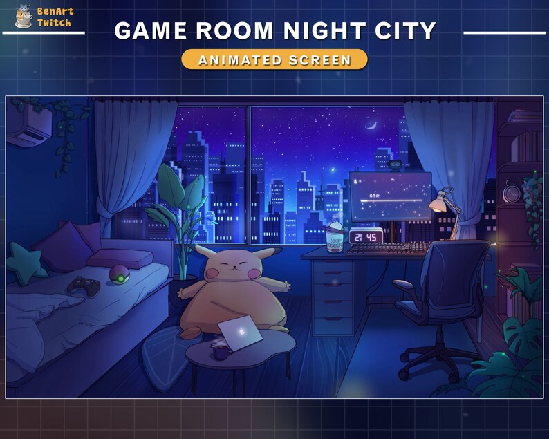 Puede incluir: Una imagen de dibujos animados de una sala de juegos con una gran ventana que da a un horizonte urbano nocturno. La sala cuenta con un escritorio con una computadora, una silla, un sof&aacute;, una planta y un peluche de Pikachu sentado en una mesa peque&ntilde;a. El reloj del escritorio marca las 21:45.