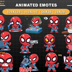 Animated Spider Man Emotes Pack, Chibi Superhero Twitch & Discord Emotes, Gamer Robot with Love, Rage, GG, Ban, DJ, Lightsabers