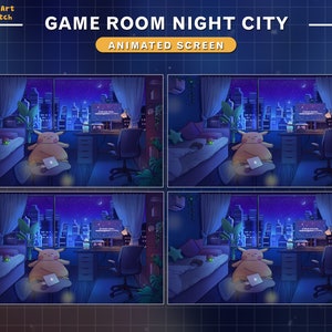 Puede incluir: Una ilustraci&oacute;n digital de una sala de juegos con una vista nocturna de la ciudad desde la ventana. La habitaci&oacute;n tiene una cama, un escritorio, una silla y un personaje amarillo de peluche sentado en un taburete. La habitaci&oacute;n est&aacute; iluminada por una l&aacute;mpara en el escritorio y una luz nocturna en la cama.