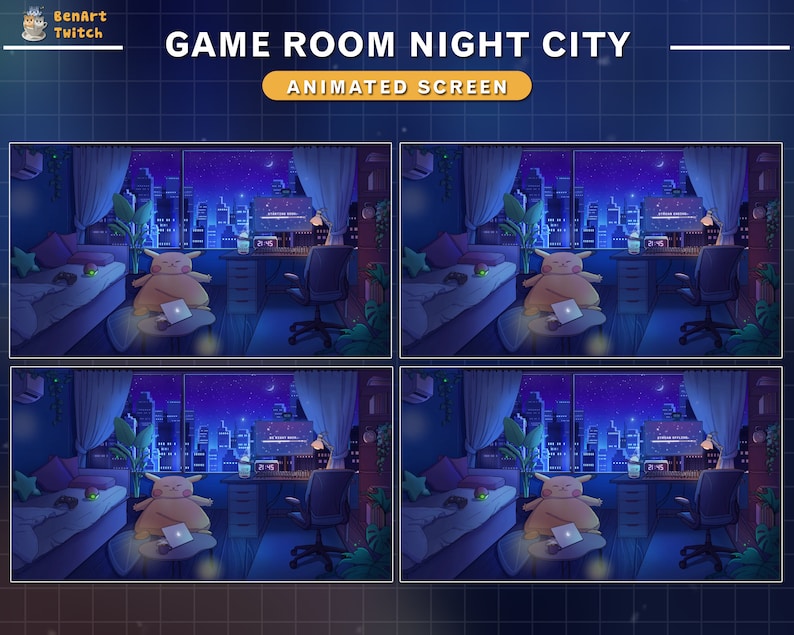 Puede incluir: Una ilustraci&oacute;n digital de una sala de juegos con una vista nocturna de la ciudad desde la ventana. La habitaci&oacute;n tiene una cama, un escritorio, una silla y un personaje amarillo de peluche sentado en un taburete. La habitaci&oacute;n est&aacute; iluminada por una l&aacute;mpara en el escritorio y una luz nocturna en la cama.
