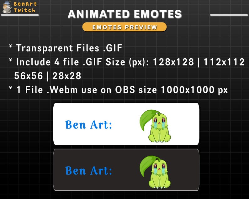 Puede incluir: Emotes animados para Twitch con una criatura verde con una expresi&oacute;n triste. Los emotes est&aacute;n disponibles en cuatro tama&ntilde;os diferentes: 128x128, 112x112, 56x56 y 28x28 p&iacute;xeles. Los emotes tambi&eacute;n est&aacute;n disponibles en un formato webm de 1000x1000 p&iacute;xeles para usar en OBS.