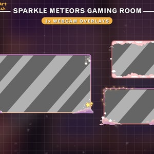 May include: Three webcam overlays with a gaming theme. Each overlay has a gray and white striped background. The overlays are framed with pink, purple, and yellow accents, including stars, clouds, and string lights. The text "SPARKLE METEORS GAMING ROOM" is at the top.