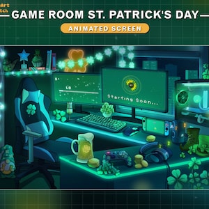 Animated Twitch Screens Clover PC Room, Patrick&#39;s Day Game Room Stream Screes, Green Twitch Overlay for Streamer, Vtuber