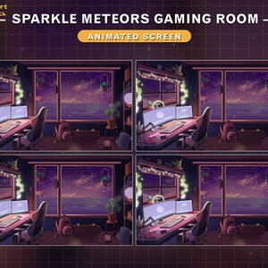 May include: Animated Twitch streaming scene featuring a gaming room with a desk, chair, and two monitors. The room has a window with a view of a starry night sky and a body of water. The text "Sparkle Meteors Gaming Room" and "Animated Screen" is displayed at the top of the image.