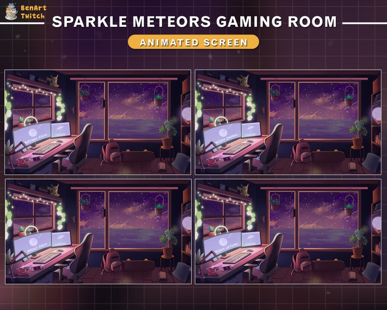 May include: Animated Twitch streaming scene featuring a gaming room with a desk, chair, and two monitors. The room has a window with a view of a starry night sky and a body of water. The text "Sparkle Meteors Gaming Room" and "Animated Screen" is displayed at the top of the image.