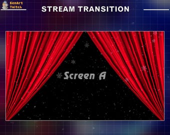 May include: A digital graphic for a stream transition, featuring red curtains framing a black background with snowflakes and the text "Screen A". The top of the image has the text "STREAM TRANSITION".