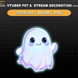 May include: A cartoon ghost with a glowing outline, large blue eyes, and a small smile. The image is labelled "VTUBER PET & STREAM DECORATION" and includes file type information. The background is a dark grid.