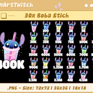 May include: A blue Stitch character holding a pink boba tea with a straw. The image is a digital illustration with a black background. The text "30x Boba Stich" is at the top of the image. There are 30 different versions of the Stitch character holding a boba tea with different numbers on them, ranging from 1 to 5 million.