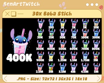 30x Boba Stitch Twitch Sub Bit Badges, Stitch Sub Badges, Complete Twitch Bit Badges Set, Twitch Subscribe Package, Number Bit Badges