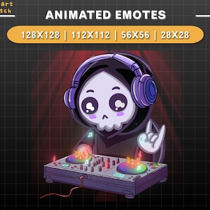 Puede incluir: Emoticono animado de un esqueleto de dibujos animados con auriculares y una t&uacute;nica negra con capucha, tocando un mezclador de DJ con botones brillantes. El emoticono est&aacute; disponible en cuatro tama&ntilde;os: 128x128, 112x112, 56x56 y 28x28.