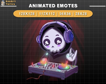 Geanimeerde Twitch-emote Grim Reaper DJ, Halloween Twitch-emotes, leuke emotes voor YouTube, Discord