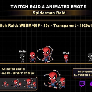 Animated Spiderman Twitch Raid Alert, Spiderman Twitch Emotes for Streamers, New Raid GIF for Twitch Discord
