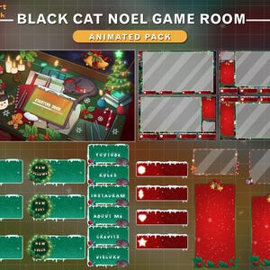 Animated Twitch Overlay Lofi Desk Christmas, Game Room Xmas Stream Package with Black Cat, Christmas Tree, Candle, Snow man...