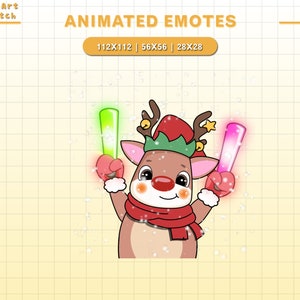K&ouml;nnte beinhalten: Animiertes Weihnachts-Rentier-Emote mit roter Weihnachtsm&uuml;tze, gr&uuml;nen und pinken Leuchtst&auml;ben und einem roten Schal. Das Rentier l&auml;chelt und hat eine rote Nase. Der Hintergrund ist ein hellgelbes Gitter.