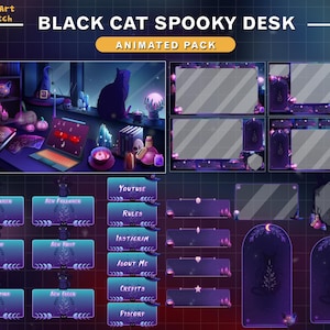 Animated Stream Package Witchy Lofi Desk, Black Cat Spooky Twitch Overlay with Pumpkin, Spider, Skull...