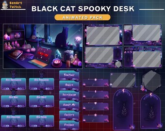 Animated Stream Package Witchy Lofi Desk, Black Cat Spooky Twitch Overlay with Pumpkin, Spider, Skull...