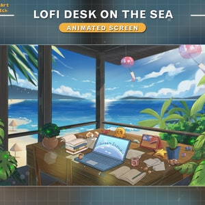 May include: A digital illustration of a desk with a laptop, books, and plants in a room with a large window overlooking a beach scene. The laptop screen displays the text "Stream Ending".