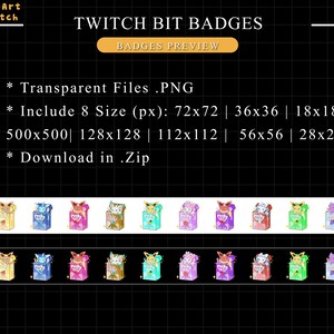 May include: A set of 8 Twitch bit badges featuring a cartoon character with different colored backgrounds and a variety of sizes, including 72x72, 36x36, 18x18, 500x500, 128x128, 112x112, 56x56, and 28x28 pixels. The badges are transparent PNG files and are available for download in a zip file.