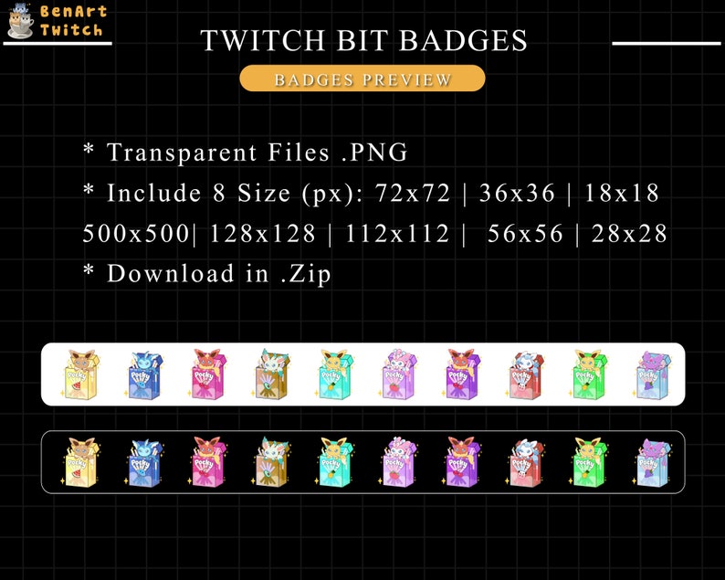 May include: A set of 8 Twitch bit badges featuring a cartoon character with different colored backgrounds and a variety of sizes, including 72x72, 36x36, 18x18, 500x500, 128x128, 112x112, 56x56, and 28x28 pixels. The badges are transparent PNG files and are available for download in a zip file.