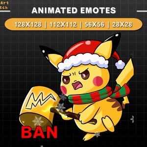 Animated Christmas Twitch Emote Pikachu BAN, Pikachu Twitch Emotes, Cute Emotes For Youtube, Discord