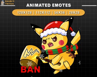 Emote navideño animado para Twitch Pikachu BAN, Emotes de Pikachu para Twitch, Emotes lindos para YouTube, Discord