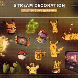 14x Animated Stream Decoration Cute Pikachu Collections with Pikachu Decor, Pokemon Ball, PC, Plants...