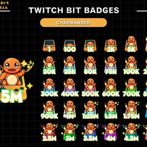 May include: A set of 20 Twitch bit badges featuring a cartoon Charmander character. The badges show different levels of bits earned, from 1 to 5 million.