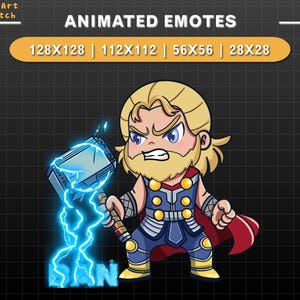 Emote animata Thor BAN Twitch, dio nordico del tuono con effetti Mjolnir e fulmini, emote supereroe chibi per streamer, Twitch, Discor