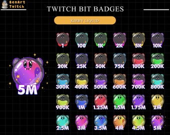30x Kirby Liquid Twitch Sub Bit Badges, Kirby Badges for Twitch, Complete Twitch Bit Badges Set, Twitch Subscribe Package, Number Bit Badges