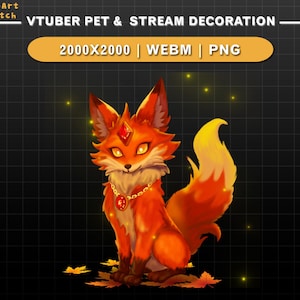 May include: A digital illustration of a stylized fox with orange and yellow fur, a red gem on its forehead, and a gold necklace. The fox is sitting on autumn leaves, with the text "VTUBER PET & STREAM DECORATION" above it.