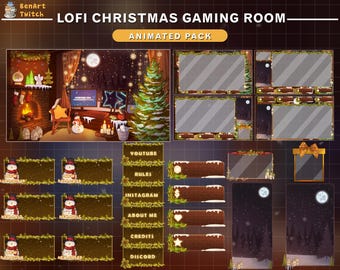 Superposición animada para Twitch: Habitación acogedora navideña, paquete de transmisión navideña de habitación Lofi con PC, árbol de Navidad, chimenea, muñeco de nieve, nieve cayendo...