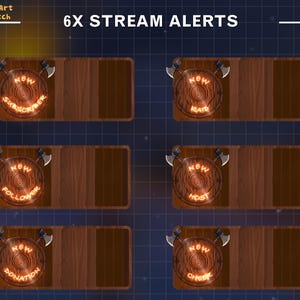 May include: Six Twitch stream alert graphics with a wooden background and a circular design featuring a new subscriber, follower, raid, host, donation, and cheer. Each graphic has a Viking axe on either side of the circle.
