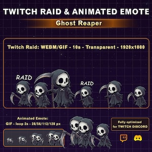 Może przedstawiać: Zestaw zasobów cyfrowych Twitch Raid & Animated Emote Ghost Reaper. Zawiera przezroczystą animację rajdu WEBM/GIF 1920x1080 10s oraz zapętlony emotikon GIF 2s w rozmiarach 28/56/112/128 px. Przedstawia ilustracje szkieletowego żniwiarza w kapturze.