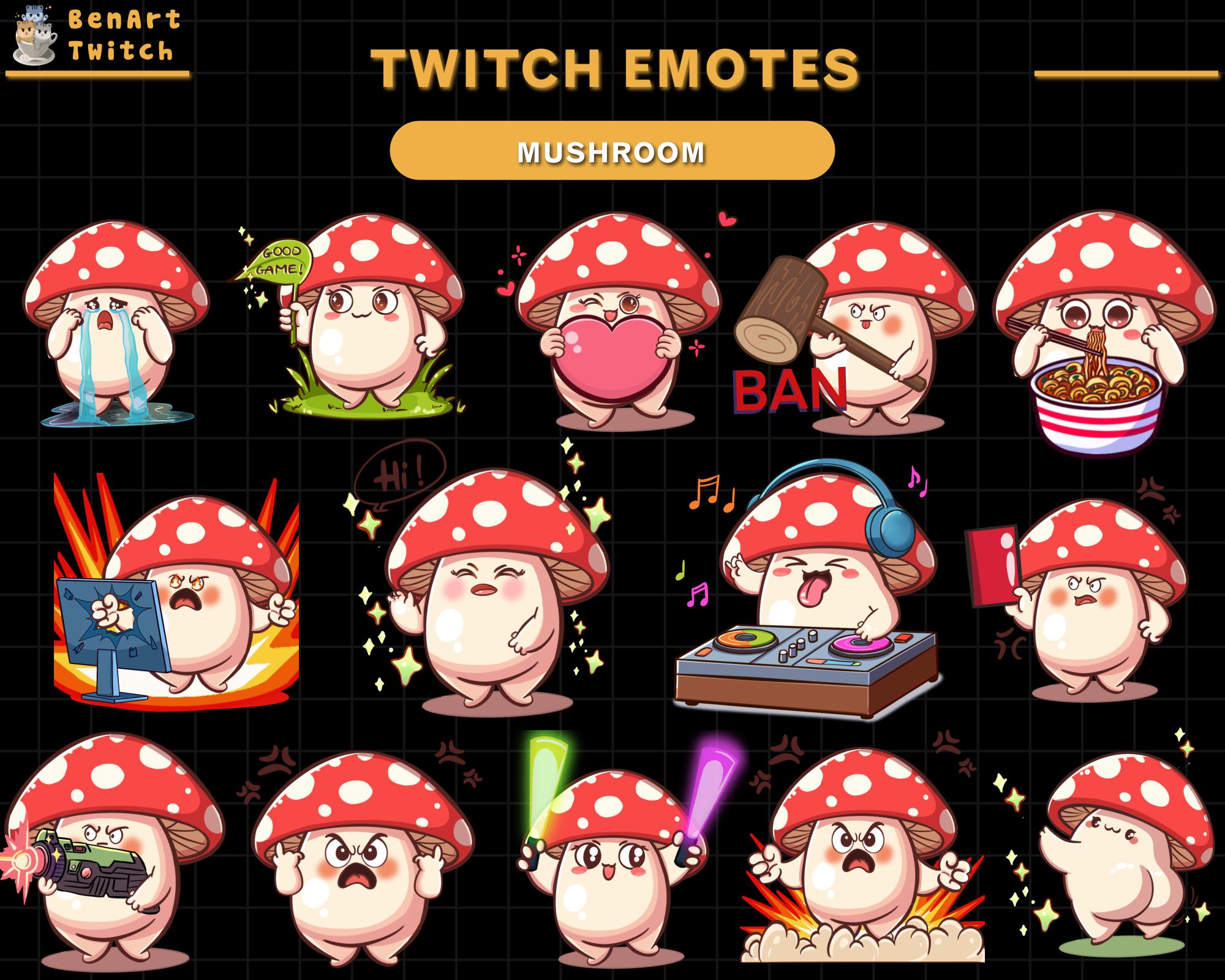 14x Mushroom Twitch Emote, Funny Twitch Emote Pack, Cute Emotes Ready To Use for Twitch, Discord Emotes
