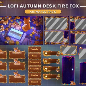 Animated Stream Package Fall Fox Lofi Desk, Autumn Twitch Overlay with Cute Fox, Maple, PC Setup, Twinkle Lights...