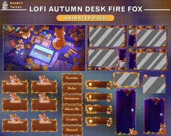 Animated Stream Package Fall Fox Lofi Desk, Autumn Twitch Overlay with Cute Fox, Maple, PC Setup, Twinkle Lights...
