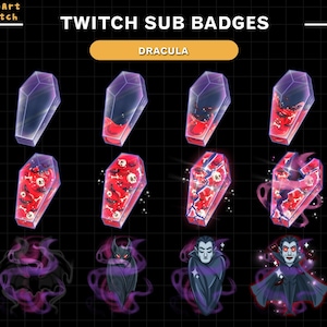 Puede incluir: Un conjunto de insignias de suscripción de Twitch con temática de Drácula. Las insignias incluyen diseños de ataúdes con diferentes niveles de sangre y calaveras, junto con imágenes de Drácula en diferentes poses. También está presente el texto "TWITCH SUB BADGES" y "DRACULA".