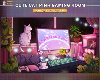 Animated Stream Screen Pink Lofi Desk Cute Cat, Cat Twitch Overlay, Aesthetic Twitch Overlay, Cozy Room Screens...