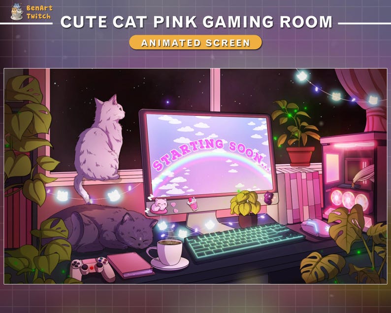 May include: A pink and purple gaming room with a computer screen that says "Starting Soon..." with a rainbow above the text. There are two cats, a keyboard, and plants in the room.
