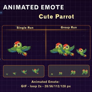 May include: Animated emote featuring a cute green parrot with red and yellow accents. The image shows the parrot in single and group runs, with different size options. Text includes "ANIMATED EMOTE" and "Cute Parrot".