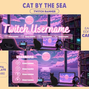 Könnte beinhalten: Twitch-Banner-Vorlage mit einer Katze, die auf einer Fensterbank sitzt und auf ein Meer mit einem rosa Mond am Himmel blickt. Das Banner hat ein rosa-violettes Farbschema und enthält den Text "Twitch Username" und "Starting Soon".