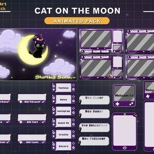 Animated Black Cat and Moon Stream Package,  Witchy Cat Twitch Overlay, The Moon Stream Pack for Streamers and Vtubers Background