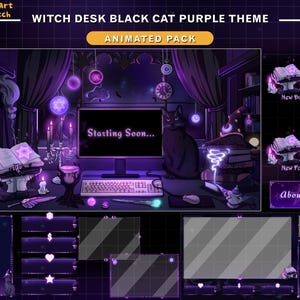 Animated Witch Desk Black Cat Stream Package Purple Theme, Mystic Twitch Overlay with Magic Books, Potion Cauldron, Moon Starry Night