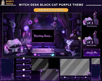 Animated Witch Desk Black Cat Stream Package Purple Theme, Mystic Twitch Overlay with Magic Books, Potion Cauldron, Moon Starry Night