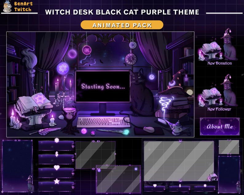May include: Animated Twitch stream overlay with a purple and black color scheme. The overlay features a witch's desk with a black cat, books, candles, and a computer screen that says "Starting Soon..." There are also animated alerts for new donations and new followers.